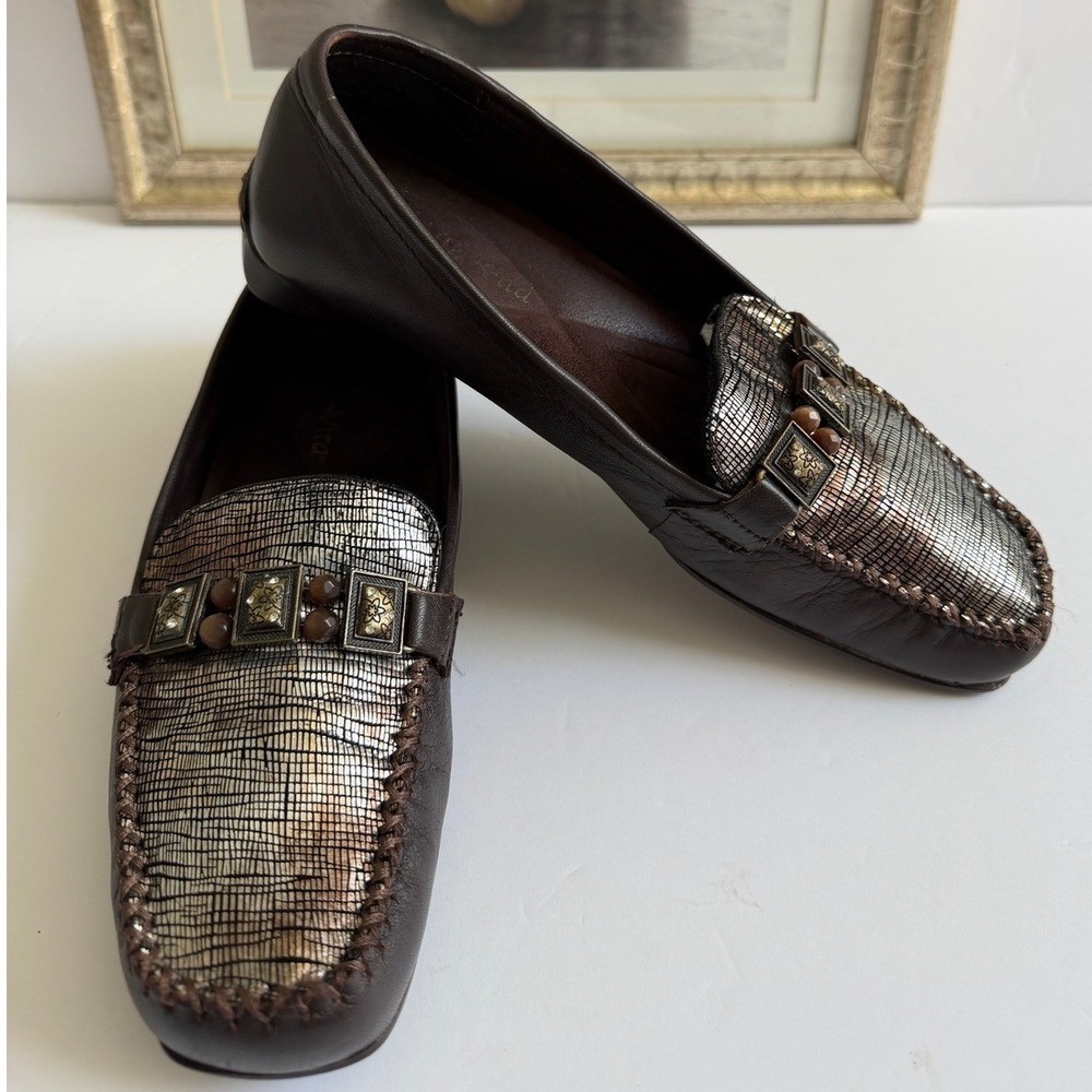 Bella Vita Womens Brown Leather‎ Metallic Snakeskin Studded Loafers Size 8N
